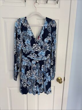 Navy Blue Floral Long-Sleeve Wrap Dress